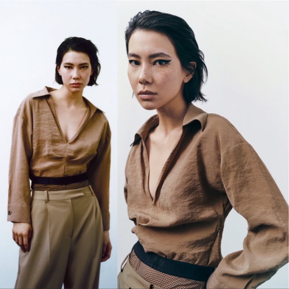 Zara Brown Gathered Shirt